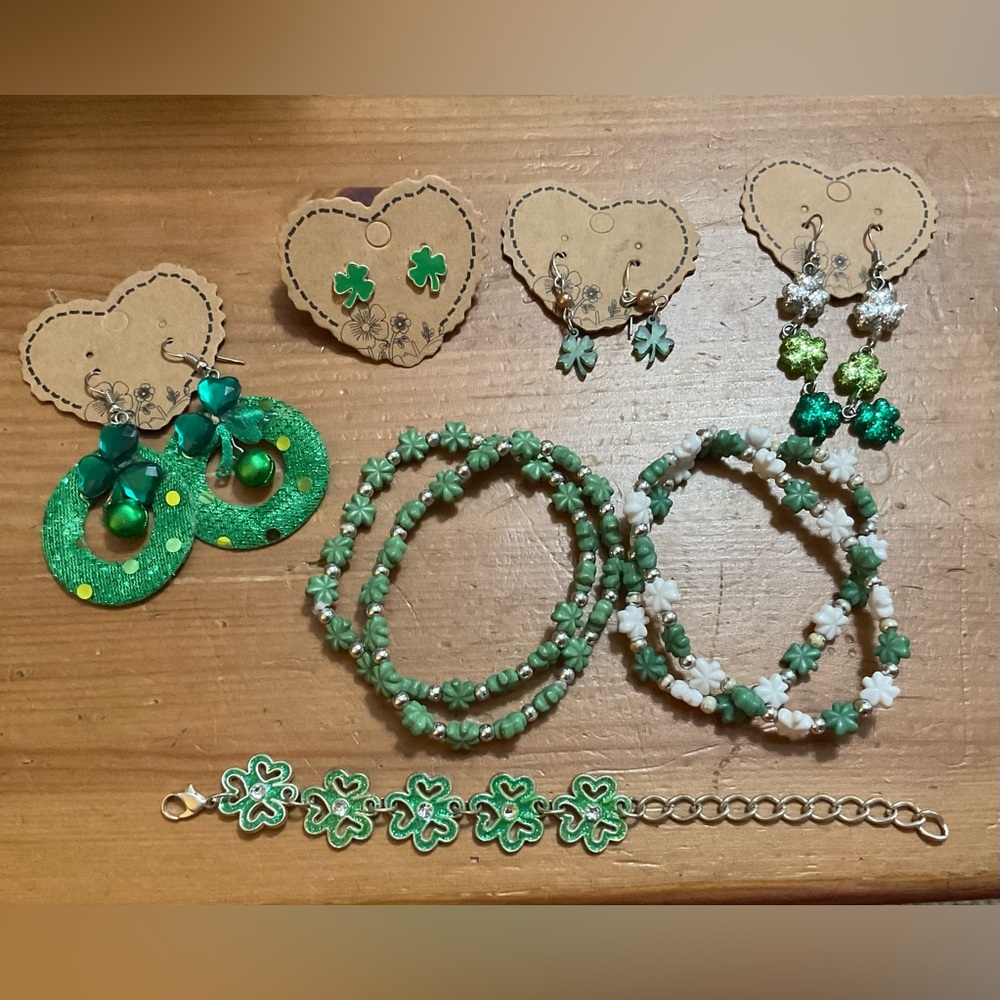A bundle/set of St.Patrick’s Day pieced earrings and silver/beads bracelets.